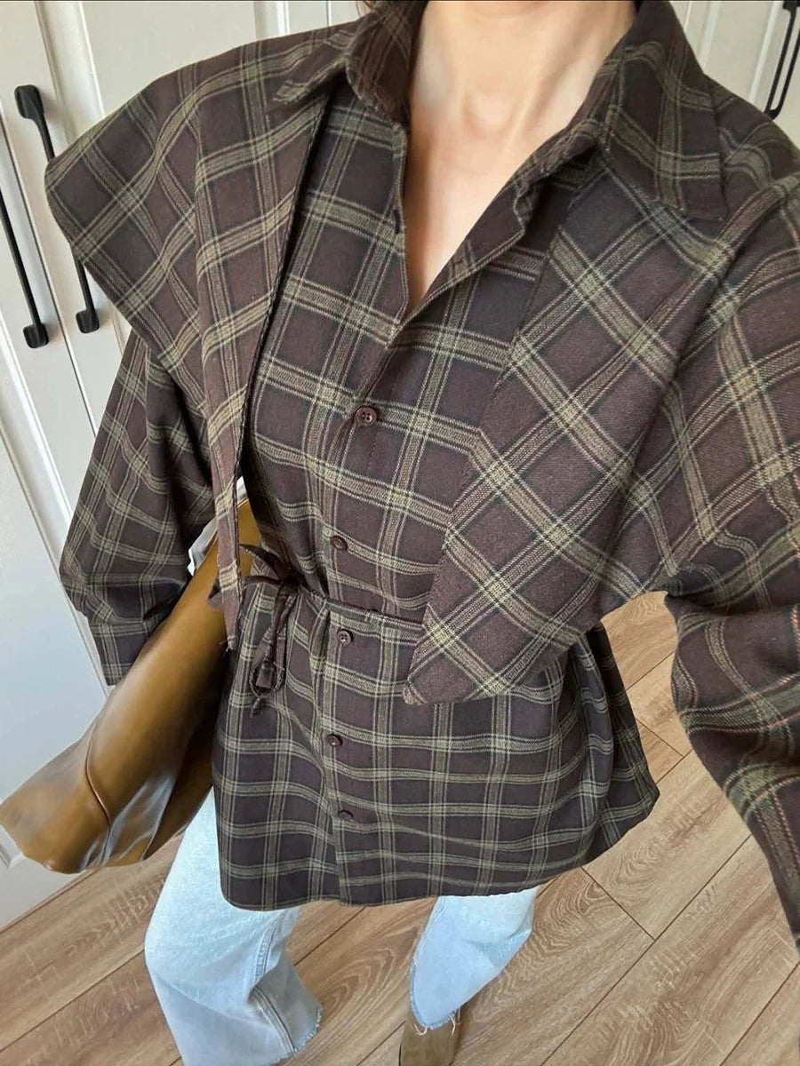 Plaid lapel collar belted shirt