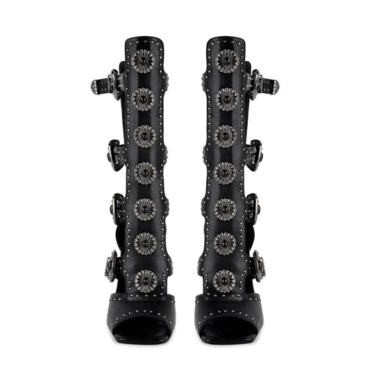 Gladiator stiletto heel sandals, black leather, front view