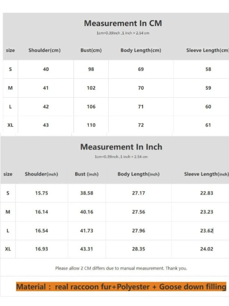 Size chart for clothing with measurements in centimeters and inches.
