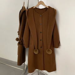 Hooded Wool Blend Coat with Pom-Pom Scarf