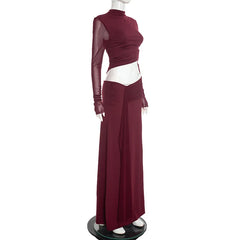 Mock Neck Mesh Crop Top Draped Maxi Skirt Set
