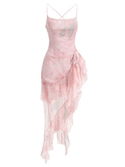 Spaghetti Strap Floral Print Ruffle High-Slit Asymmetrical Hem Maxi Dress