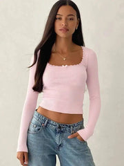 Square Neck Lace Trim Crop Top