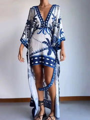 Lace-Up Flare Sleeve Deep V-Neck Printed Maxi Dress