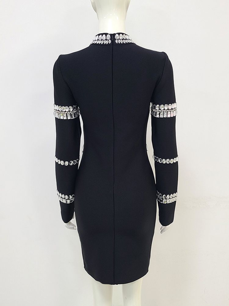 Women's Round Neck Long Sleeve Diamond Mini Elegant Dress