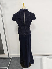  navy two-piece set featuring a short-sleeve buttoned top and floor-length sheath skirt — elegant summer office or event outfit