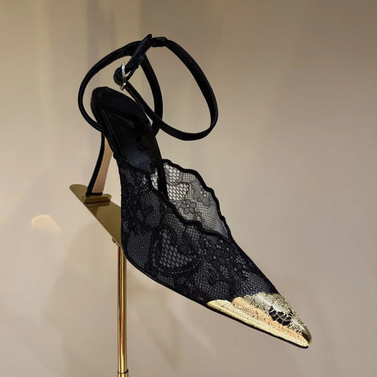 Black lace pointed toe stiletto heel with ankle strap and gold toe cap