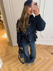 Utility Stand Collar Button Drawstring Peplum Jacket