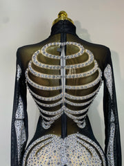 Long Sleeve Skeleton Rhinestone Mesh Jumpsuit