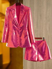 Women's Sequin Suit Collar Blazer and Short Outfit Set