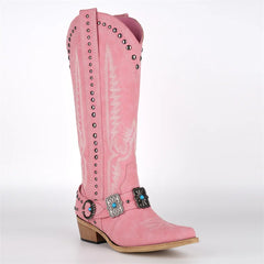 Embroidery Buckle Knee High Boots
