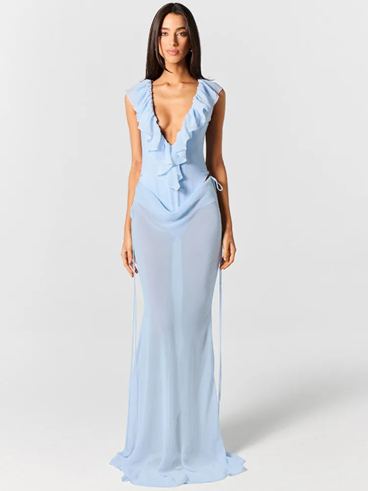 Light blue ruffled bodysuit and sheer maxi skirt set
