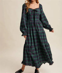 Plaid Square Neck Long Sleeve Maxi Dress