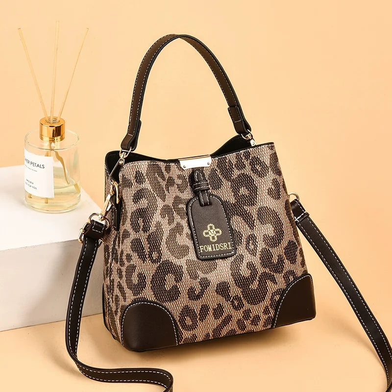 Houndstooth / Leopard Pattern PU Leather Bucket Cross Body Bag