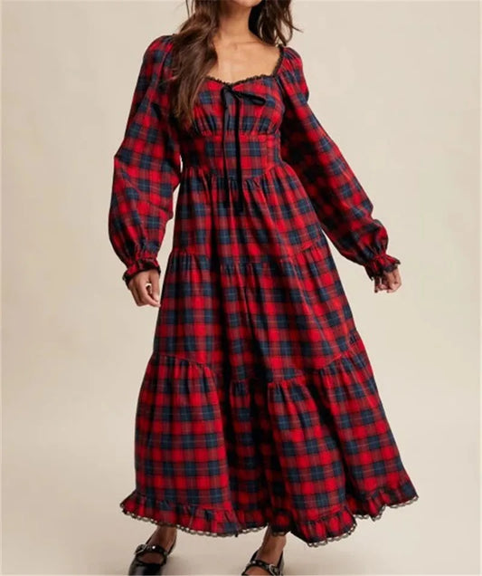 Red plaid square neck maxi dress with long puff sleeves
