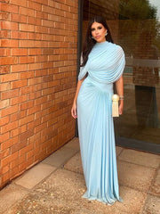 Shawl Blue Pleated Long Dress