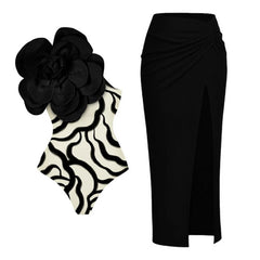 One-Shoulder Swimsuit with Oversized Flower Detail and Matching Printed Sarong Set