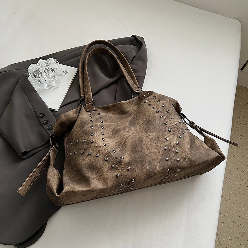 Brown studded PU leather shoulder bag