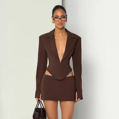 Structured Crop Hook Deep Neck Blazer and Mini Skirt Set