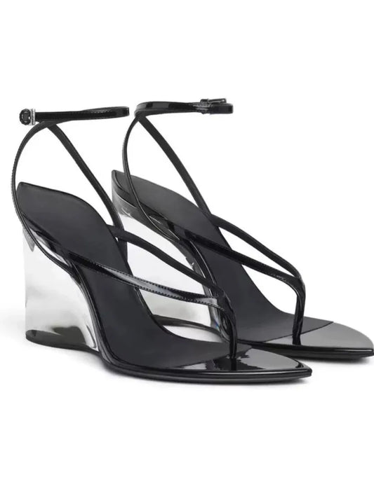 Black transparent wedge flip flop sandals with ankle strap