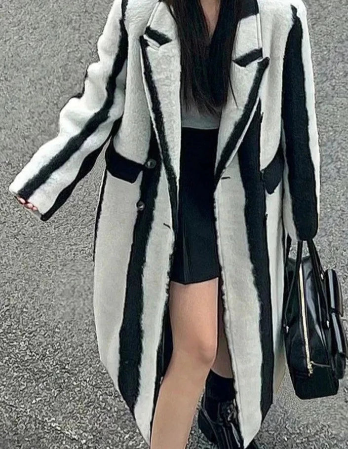 Color Block Striped Thick Woolen Long Coat