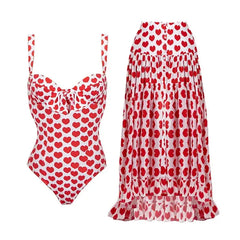 Red heart print one-piece swimsuit with a matching high-low ruffled skirt.