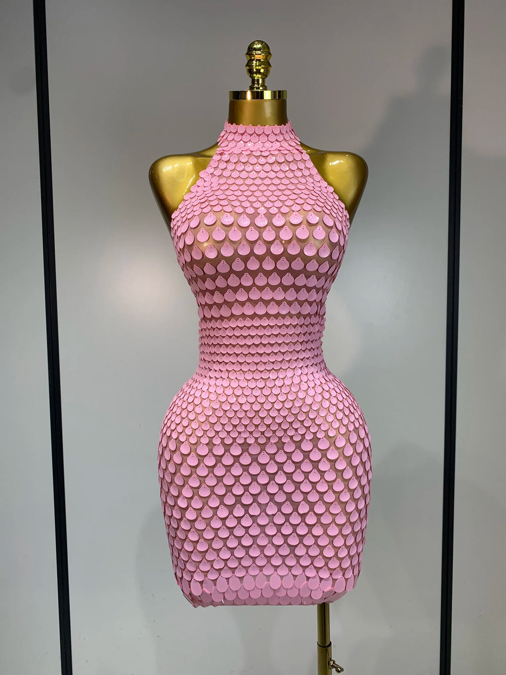 Pink sequin halter mini dress front view