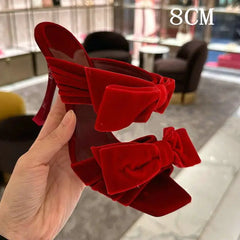 Pink Velvet Bow Stiletto Mules