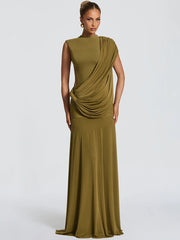 Green draped mock neck sleeveless maxi dress with side cutout