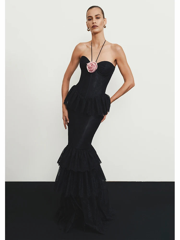 Black lace fringe pink flower halter maxi dress.