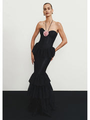 Black lace fringe pink flower halter maxi dress.