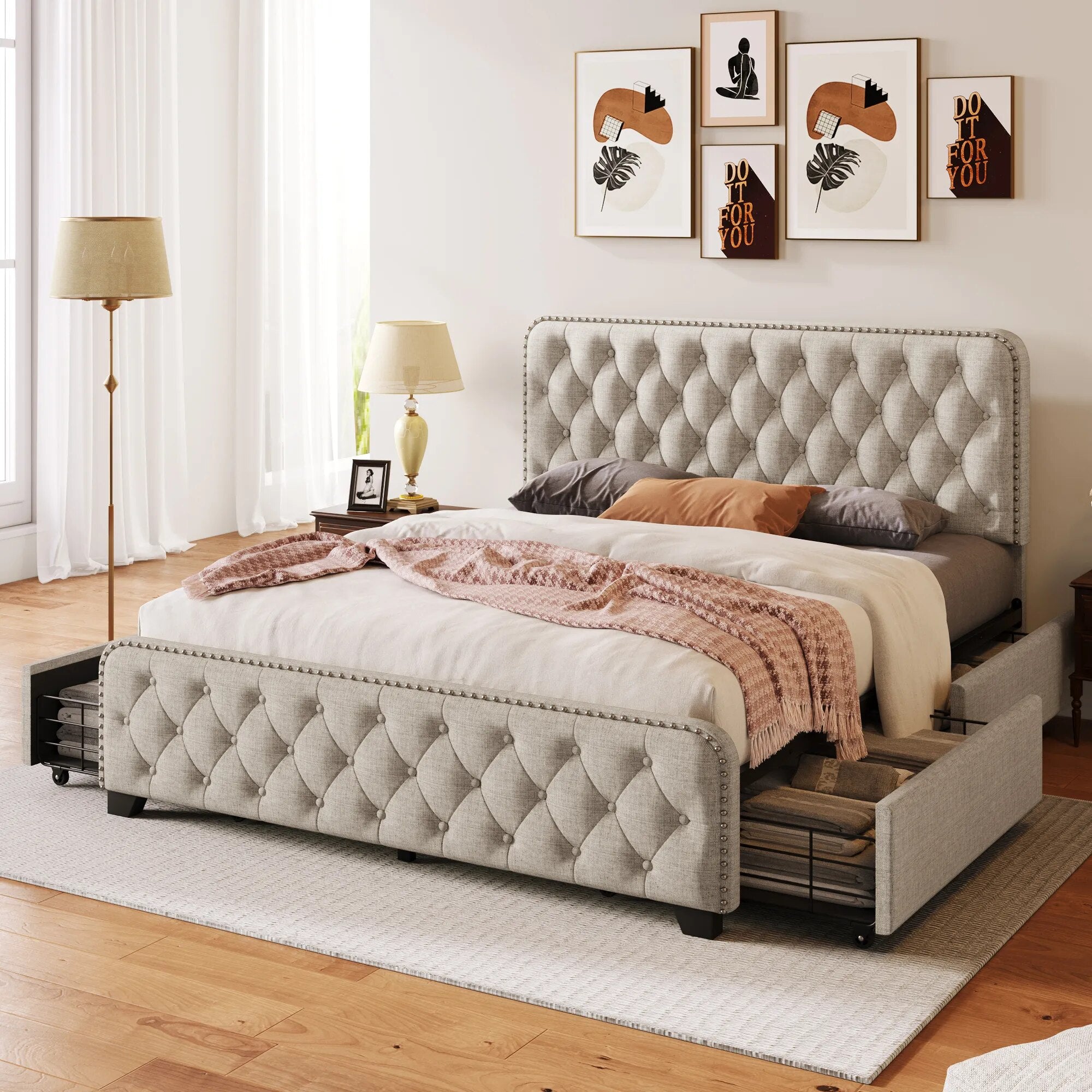 Four Drawers Button Tufted Headboard Footboard Metal Bed Frame