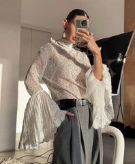 White Sheer Scarf Neck Frill Sleeve Top