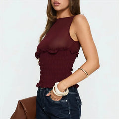 Smocked Sleeveless Boat Neck Tank Top