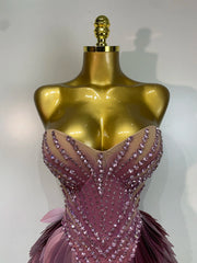 Strapless beaded feather mini dress close-up of bodice