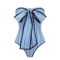 Blue Striped Bow One Piece Swimsuit and Cover-up