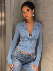 Blue ruched collar long sleeve cropped top