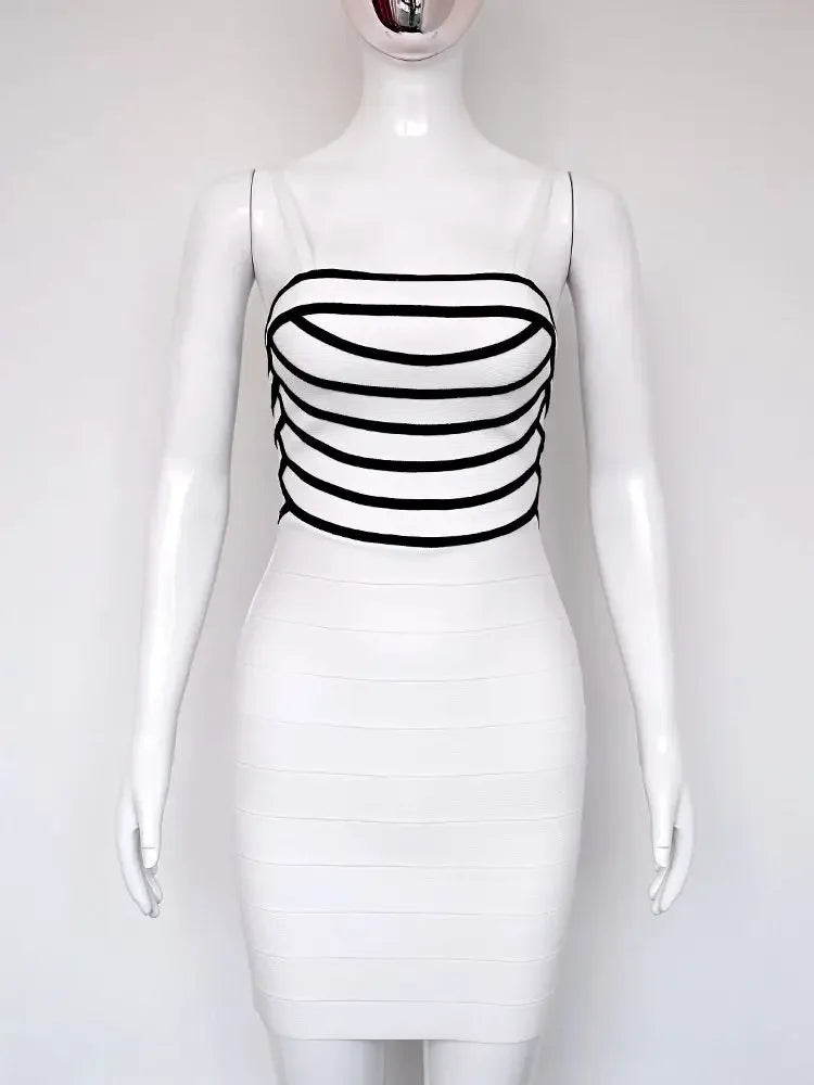 Mannequin wearing a black and white striped dress