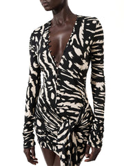 Zebra Print Long Sleeve Tie Waist Mini Dress