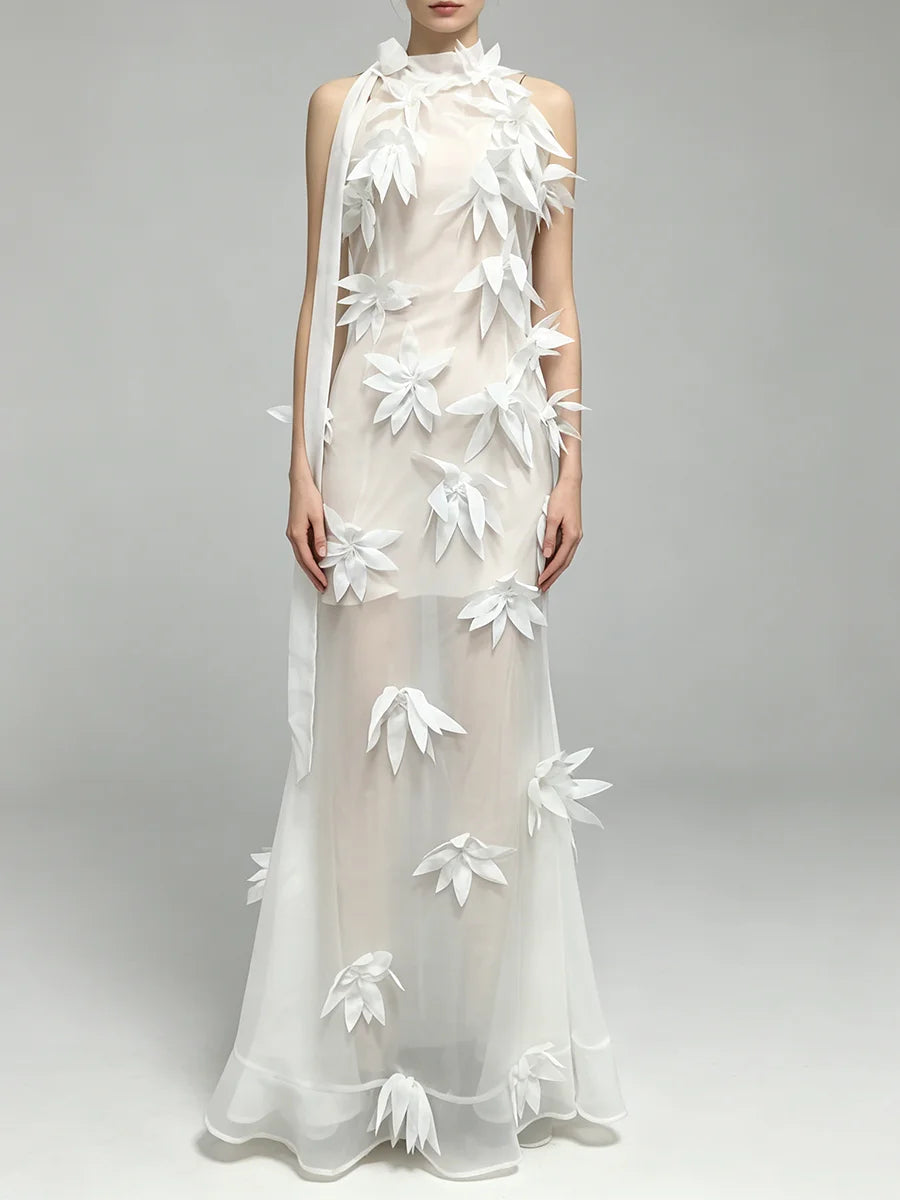 Halter neck sheer floral applique maxi gown full view
