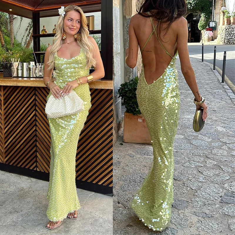Woman wearing a green sequin dress in two different settings.