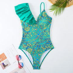 Tie-Strap V-Neck One-Piece Swimsuit with Matching Sarong Set