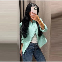 Textured Cropped Fringed Collar Jacket