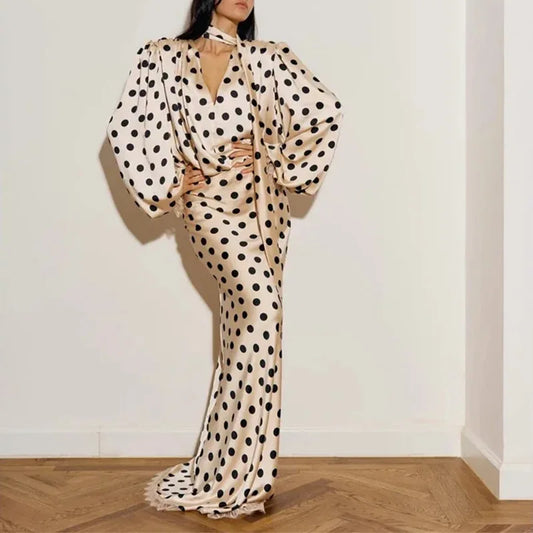 Polka dot satin puff sleeve blouse and maxi skirt set