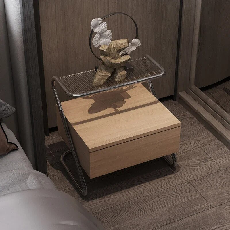 Tempered Glass Bedside Table Nightstands Stainless Steel Cabinet