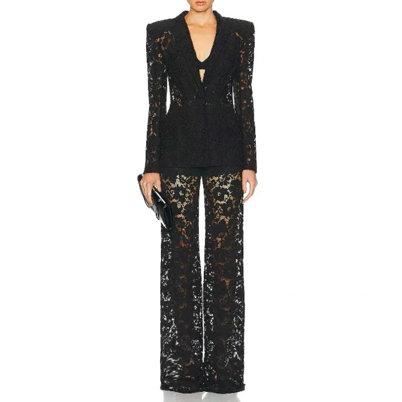 Black lace two-piece pantsuit with single-button blazer and full-length high-waist pants — elegant formalwear for office or evening events