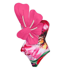 One-Piece Swimsuit With Pearl Embellishment and Matching Wrap Skirt