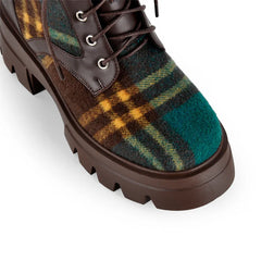 Plaid platform block heel boots toe detail