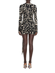 Zebra print ruched mini dress back view