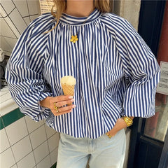 Striped Bow Tie Open Back High Neck Puff Long Sleeve Shirt